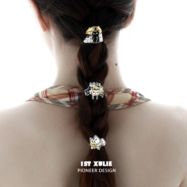 "Graffiti Kitten" Platinum Plated Playful Kitten Hair Clips, Statement Barrettes