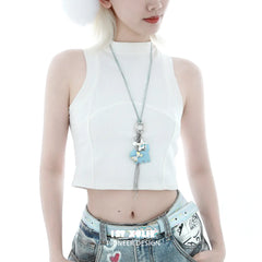 1ST XULIE "Angel Cuties" Playful Statement Kitten Keychain Pendant Necklace in Platinum Plated Brass - Detail Shot