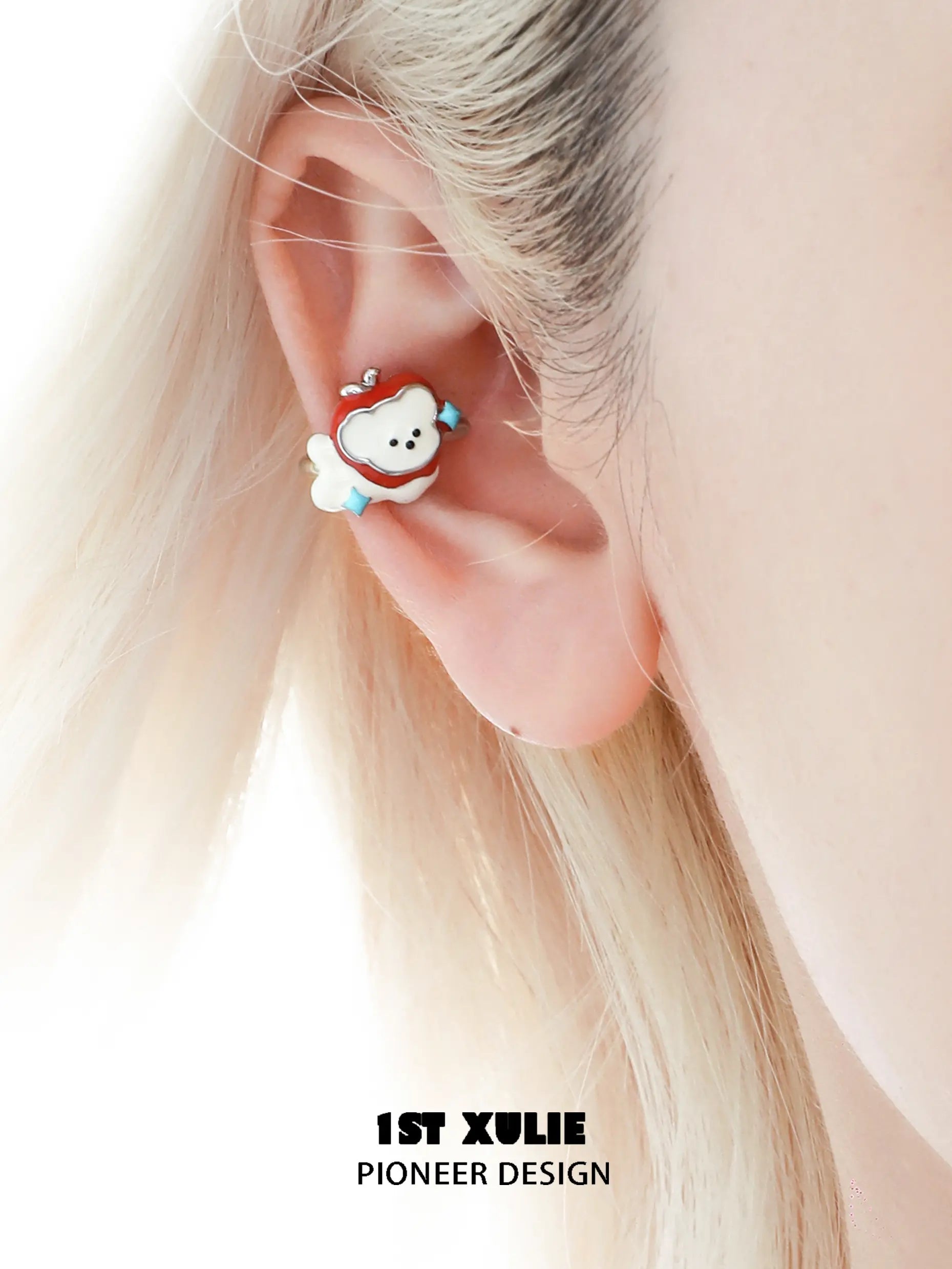 1ST XULIE "Cuties' Appleland" Playful Kitten & Puppy Ear Clips in Platinum Plated Brass - Back View