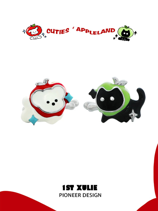 1ST XULIE "Cuties' Appleland" Playful Kitten & Puppy Ear Clips in Platinum Plated Brass - Product View