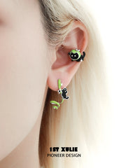1ST XULIE "Cuties' Appleland" Playful Kitten & Puppy Ear Clips in Platinum Plated Brass - On Model Close-up