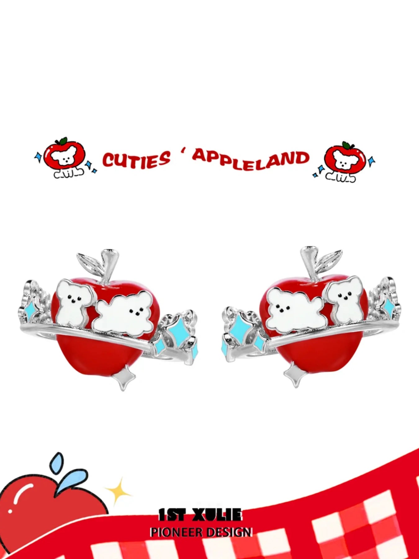 1ST XULIE "Cuties' Appleland" Playful Kitten & Puppy Statement Earrings in Platinum Plated Resin - Back View