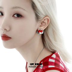 1ST XULIE "Cuties' Appleland" Playful Kitten & Puppy Statement Earrings in Platinum Plated Resin - Detail Shot