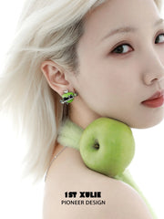 1ST XULIE "Cuties' Appleland" Playful Kitten & Puppy Statement Earrings in Platinum Plated Resin - Lifestyle Shot