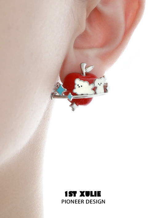 1ST XULIE "Cuties' Appleland" Playful Kitten & Puppy Statement Earrings in Platinum Plated Resin - Product View
