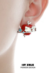 1ST XULIE "Cuties' Appleland" Playful Kitten & Puppy Statement Earrings in Platinum Plated Resin - Product View