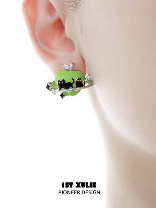 1ST XULIE "Cuties' Appleland" Playful Kitten & Puppy Statement Earrings in Platinum Plated Resin - On Model