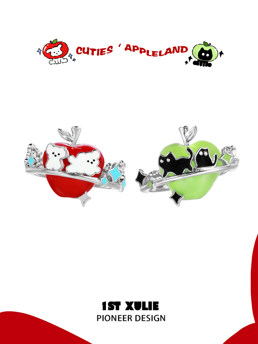 1ST XULIE "Cuties' Appleland" Playful Kitten & Puppy Statement Earrings in Platinum Plated Resin - On Model Close-Up