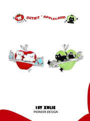 1ST XULIE "Cuties' Appleland" Playful Kitten & Puppy Statement Earrings in Platinum Plated Resin - On Model Close-Up