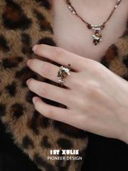 1ST XULIE "LEOPARD CAT" Playful Leopard Cat Adjustable Ring in 925 Sterling Silver - Angled View