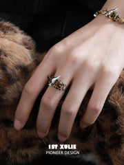 1ST XULIE "LEOPARD CAT" Playful Leopard Cat Adjustable Ring in 925 Sterling Silver - Detail Shot