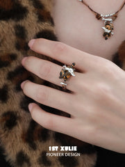 1ST XULIE "LEOPARD CAT" Playful Leopard Cat Adjustable Ring in 925 Sterling Silver - Lifestyle Shot
