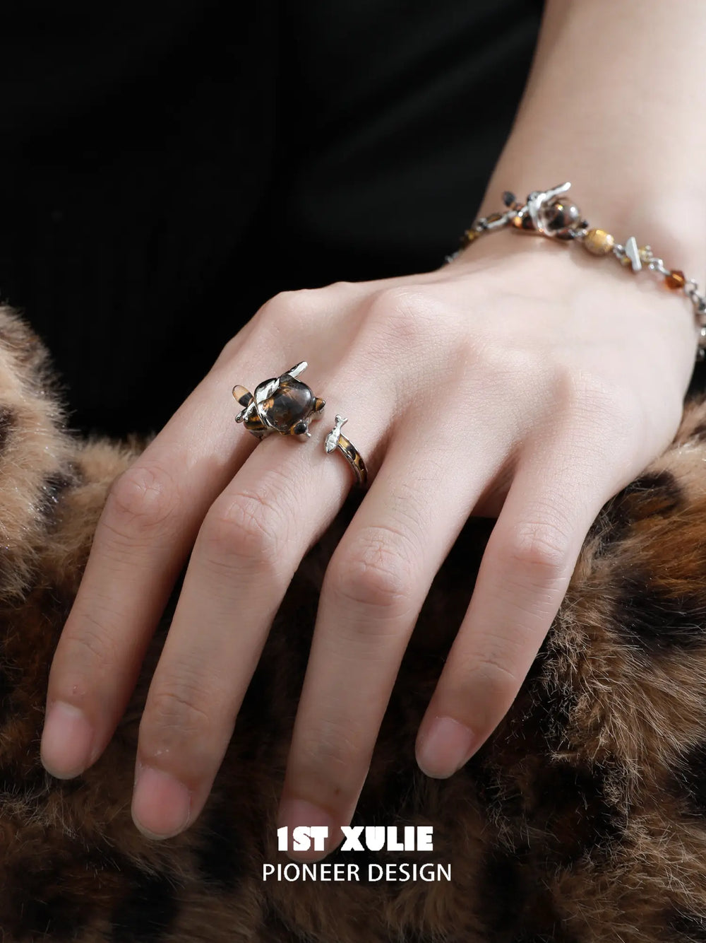 1ST XULIE "LEOPARD CAT" Playful Leopard Cat Adjustable Ring in 925 Sterling Silver - Product View