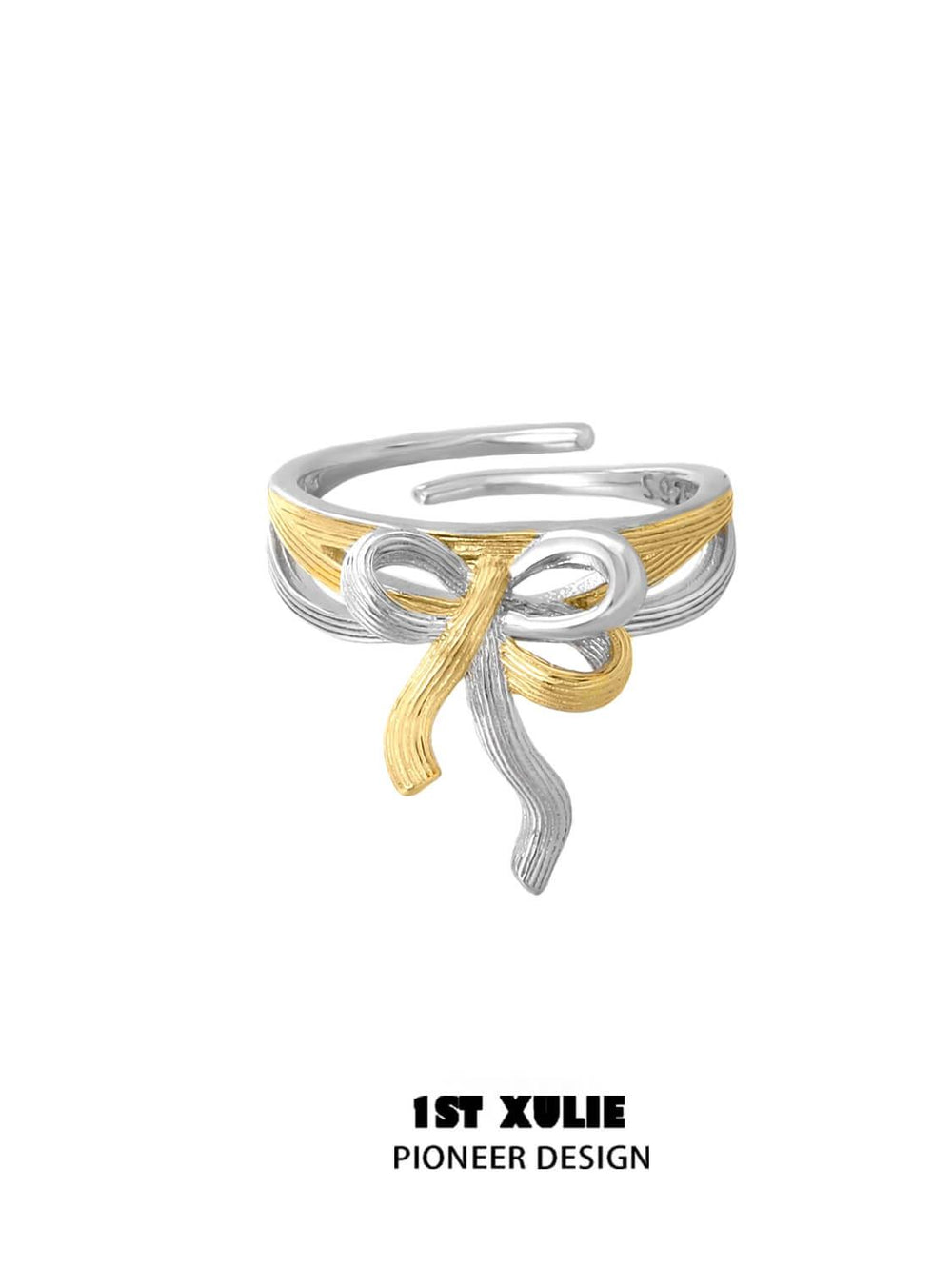 1ST XULIE "Cat's Gaze" Playful Lucky Cat Bow-Tie Ring in 925 Sterling Silver - Product View