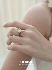 1ST XULIE "Cat's Gaze" Playful Lucky Cat Bow-Tie Ring in 925 Sterling Silver - On Model Close-up
