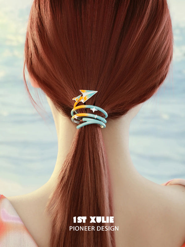 "Juicy Flight" Platinum Plated Playful Paper Airplane Spiral Hair Cuff, Statement Ponytail Holder
