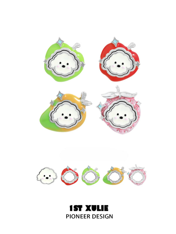 "Cuties' Appleland" Platinum Plated Playful Puppy Interchangeable Stud Earrings Set, Cute Animal Jewelry