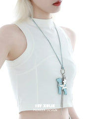1ST XULIE "Angel Cuties" Playful Statement Puppy Keychain Pendant Necklace in Platinum Plated Brass - Texture Detail