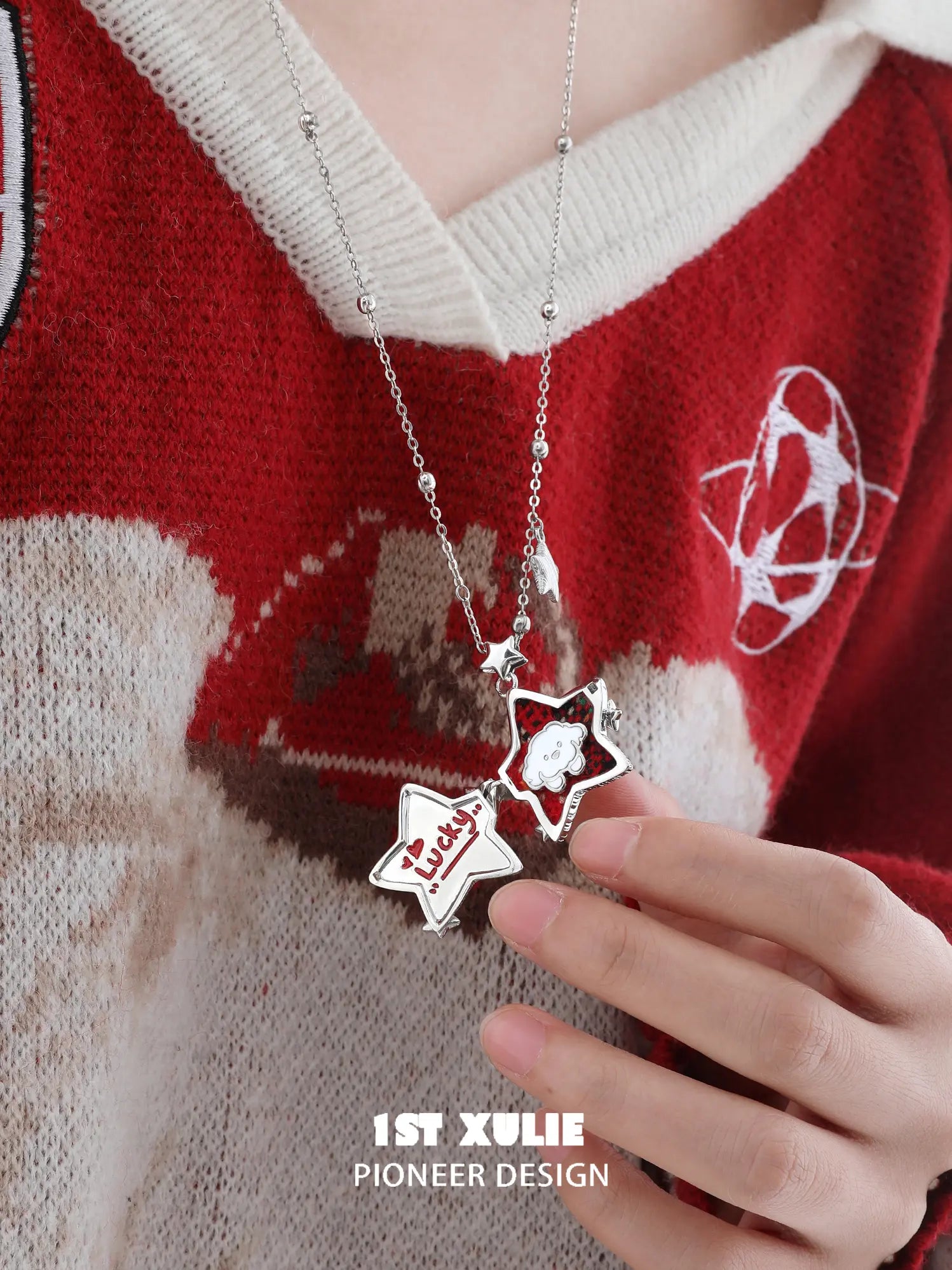 1ST XULIE "Cuties' Appleland" Playful Starry Puppy Pendant Necklace in Platinum Plated - Angle View