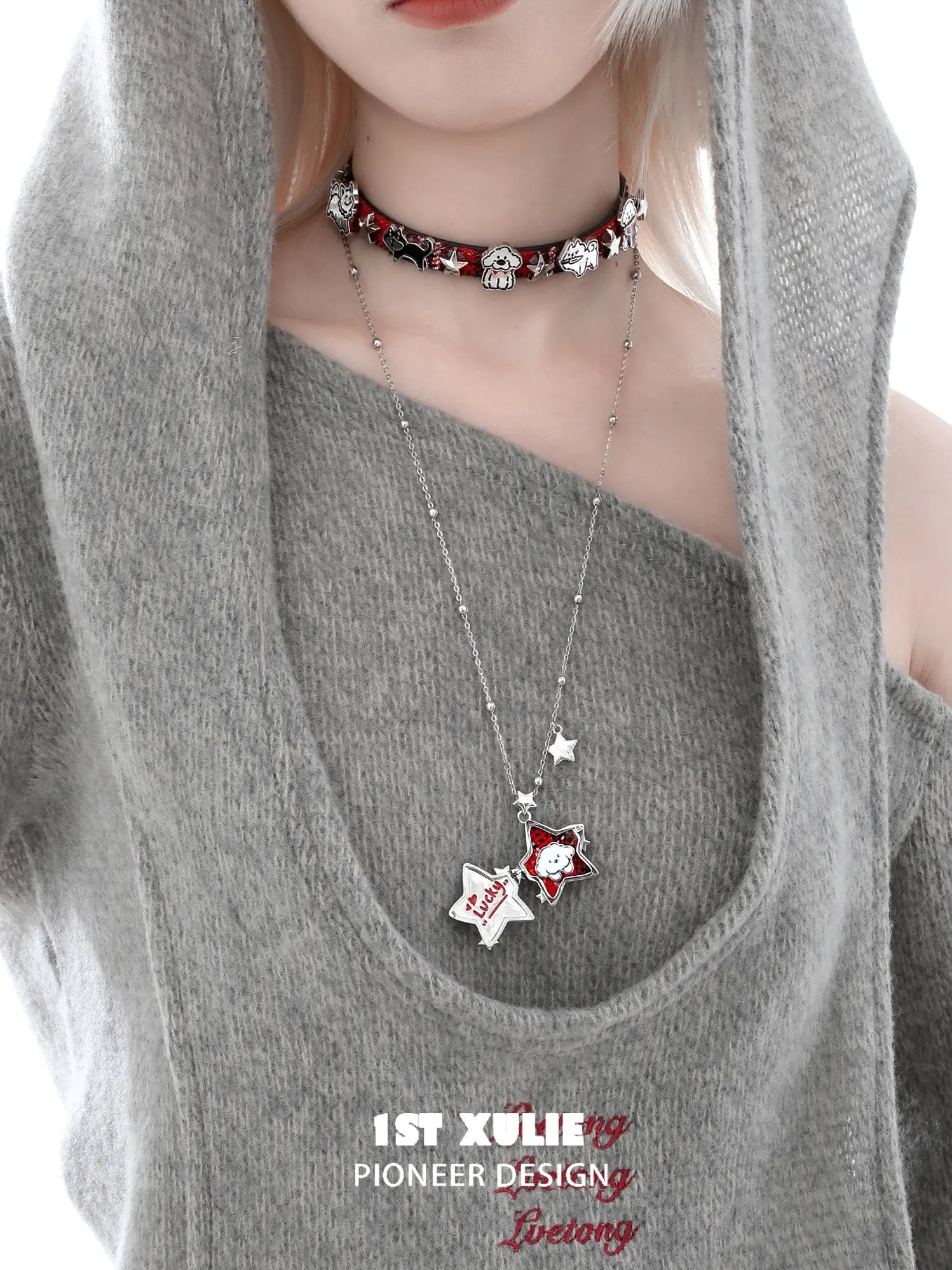 1ST XULIE "Cuties' Appleland" Playful Starry Puppy Pendant Necklace in Platinum Plated - Detail Shot