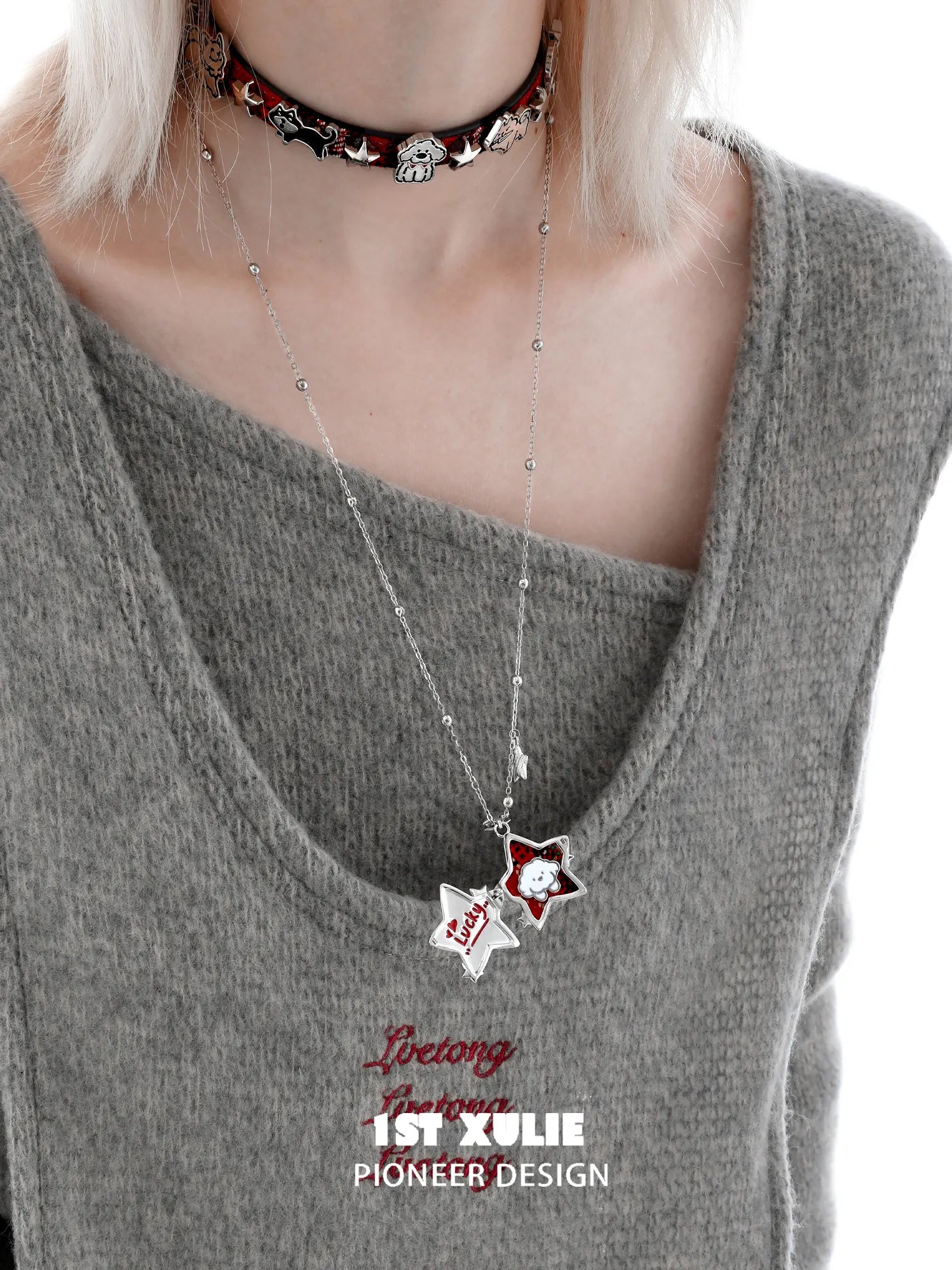 1ST XULIE "Cuties' Appleland" Playful Starry Puppy Pendant Necklace in Platinum Plated - Product View