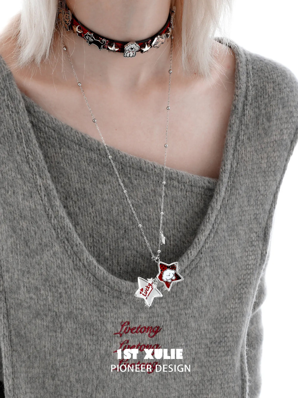 1ST XULIE "Cuties' Appleland" Playful Starry Puppy Pendant Necklace in Platinum Plated - Product View