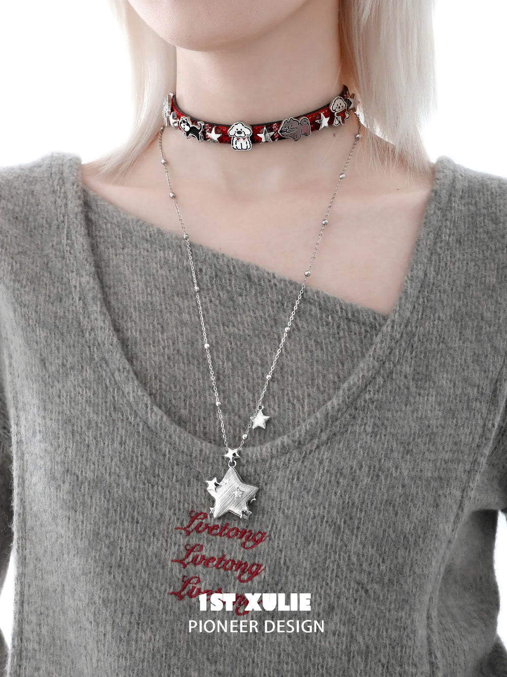 1ST XULIE "Cuties' Appleland" Playful Starry Puppy Pendant Necklace in Platinum Plated - On Model