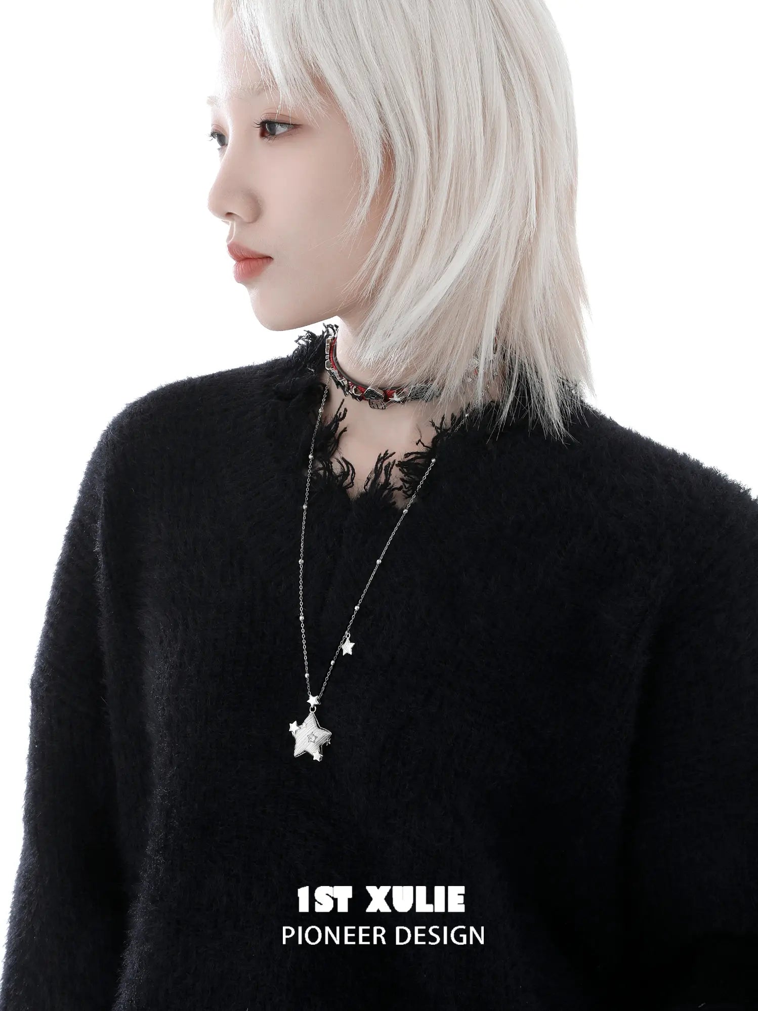 1ST XULIE "Cuties' Appleland" Playful Starry Puppy Pendant Necklace in Platinum Plated - On Model Close Up
