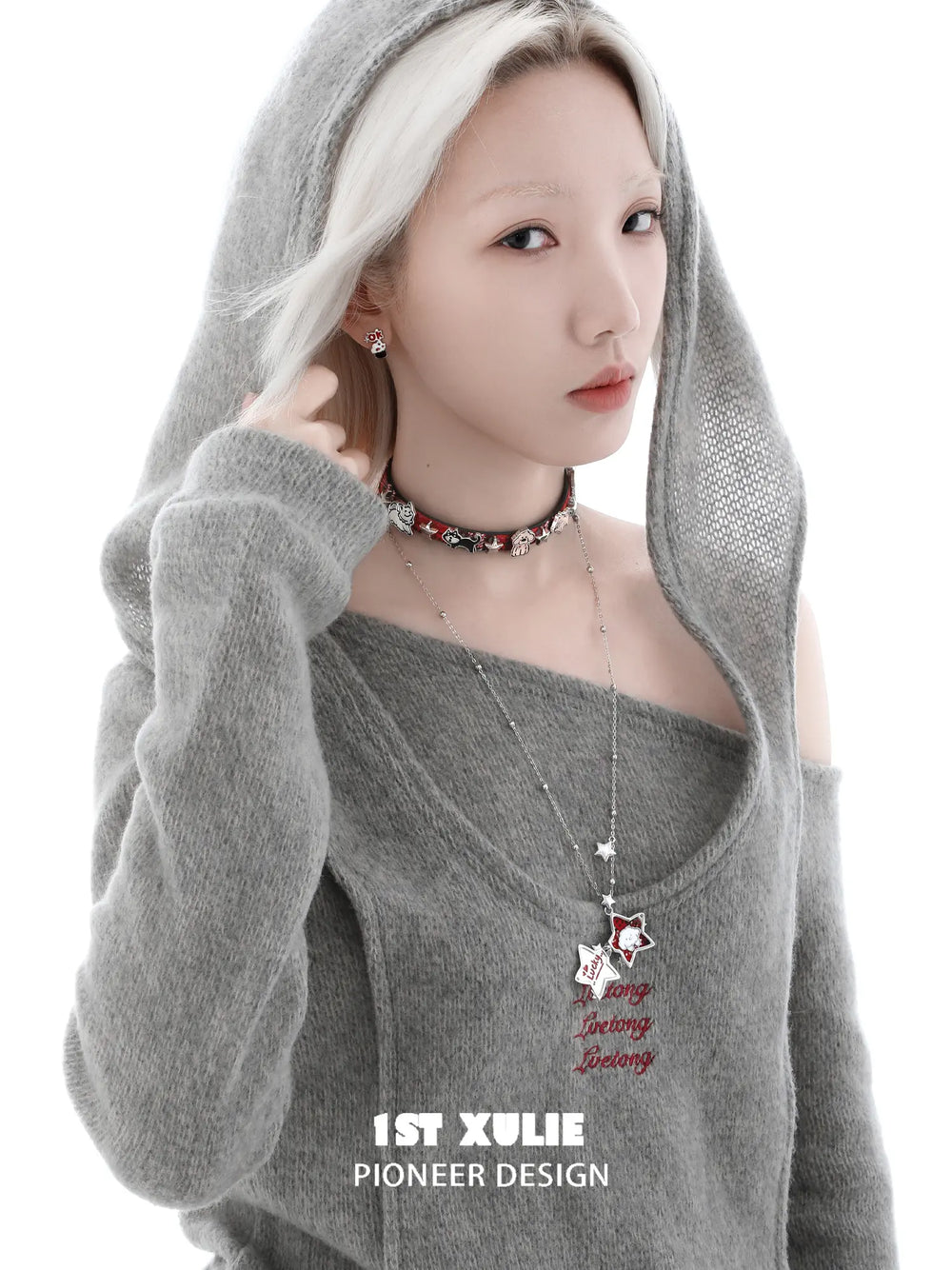 1ST XULIE "Cuties' Appleland" Playful Starry Puppy Pendant Necklace in Platinum Plated - Side View