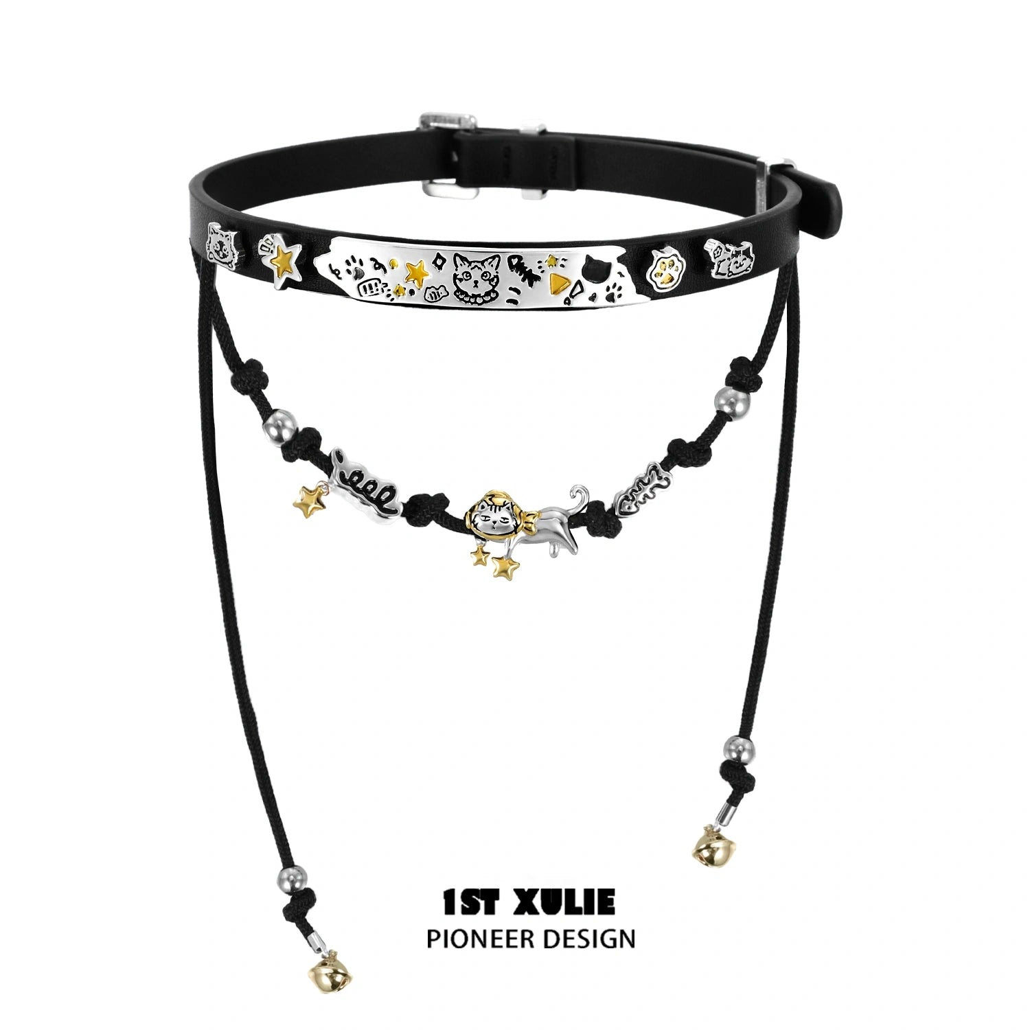 1ST XULIE "Graffiti Kitten" Punk Lazy Cat Statement Choker Necklace in Platinum Plated - Detail Shot
