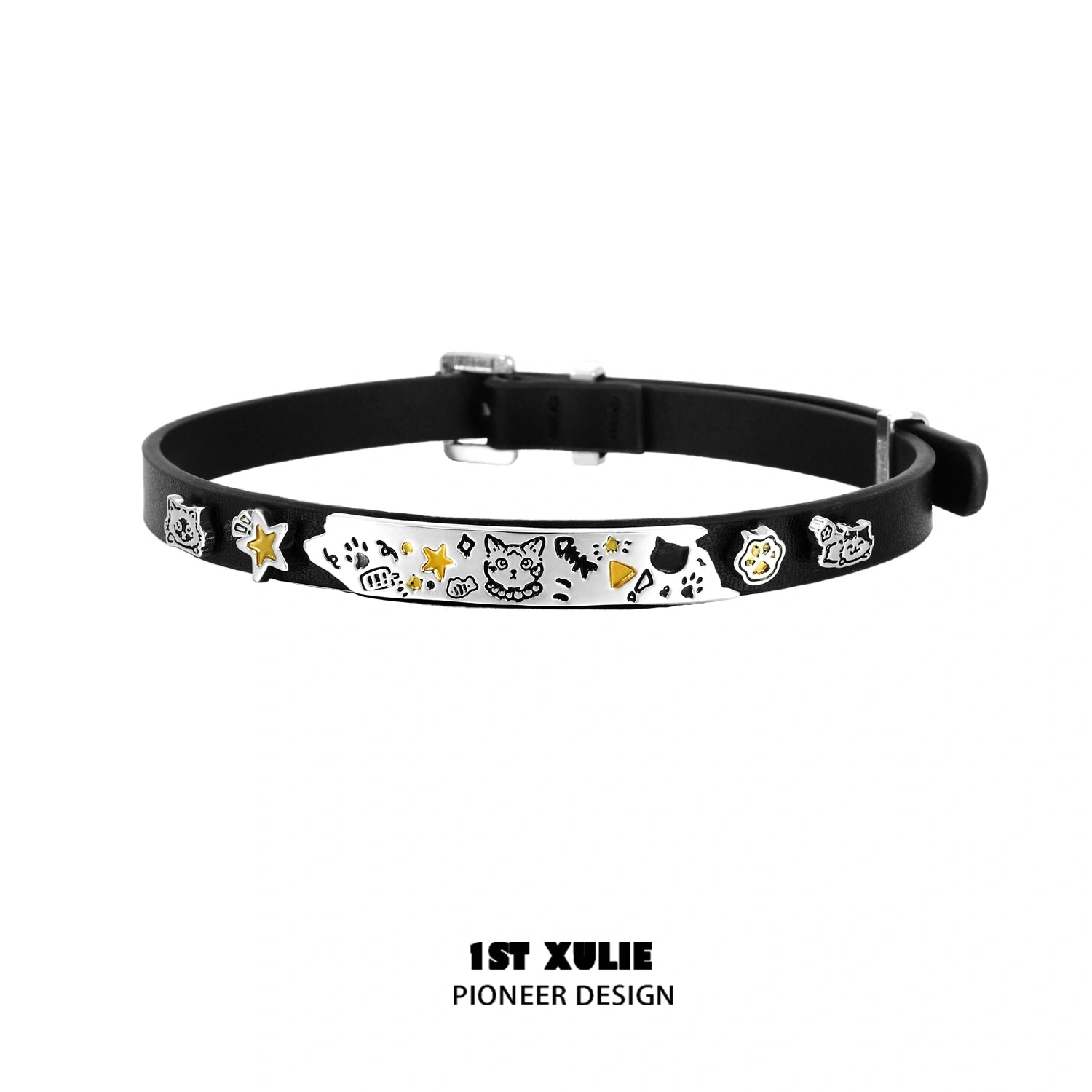 1ST XULIE "Graffiti Kitten" Punk Lazy Cat Statement Choker Necklace in Platinum Plated - Lifestyle Shot