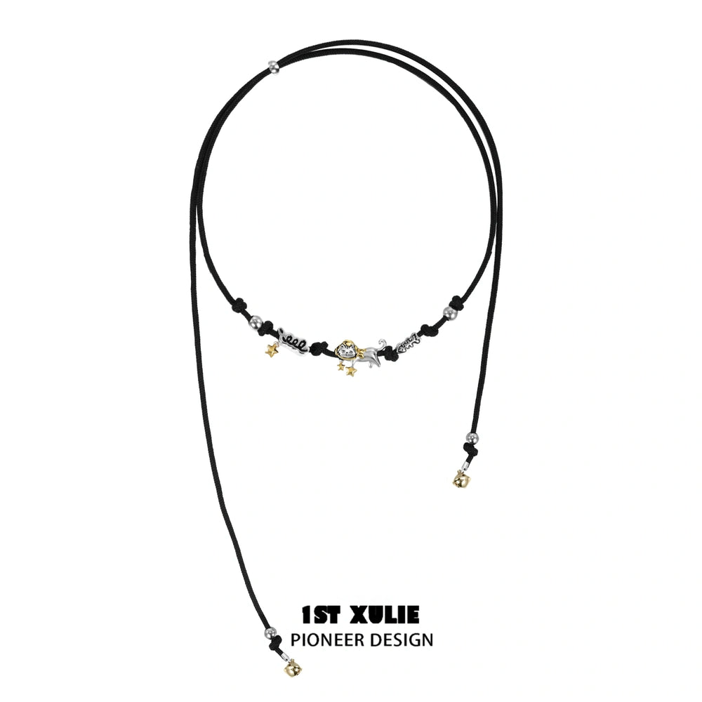 1ST XULIE "Graffiti Kitten" Punk Lazy Cat Statement Choker Necklace in Platinum Plated - Product View