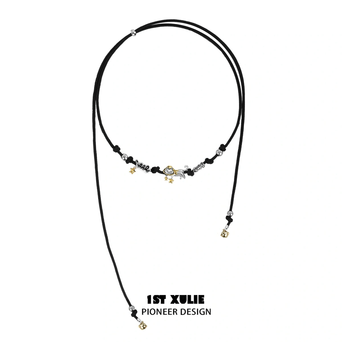 1ST XULIE "Graffiti Kitten" Punk Lazy Cat Statement Choker Necklace in Platinum Plated - Product View