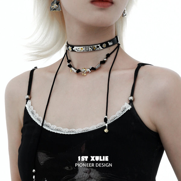 "Graffiti Kitten" Platinum Plated Punk Lazy Cat Statement Choker Necklace