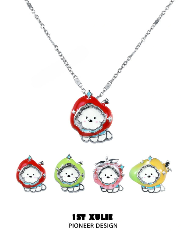 "Cuties' Appleland" Platinum Plated Interactive Playful Puppy & Fruit Pendant Necklace