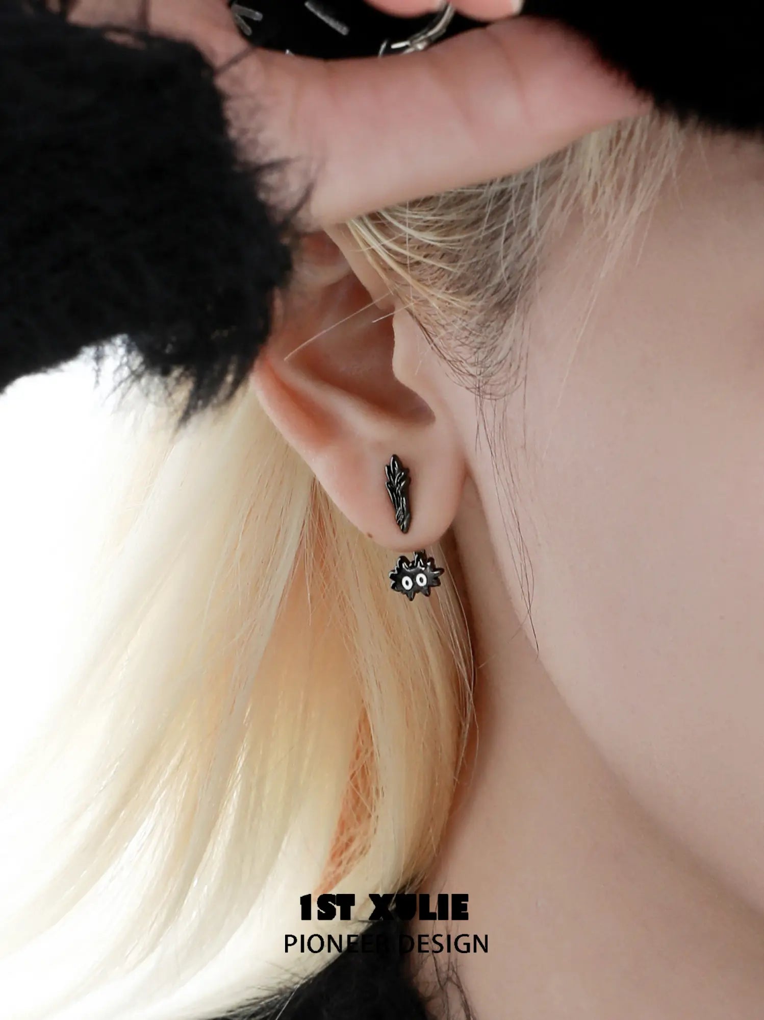 1ST XULIE "Ghosts Cat" Asymmetrical Punctuation Earrings in Platinum Plate - Angle View