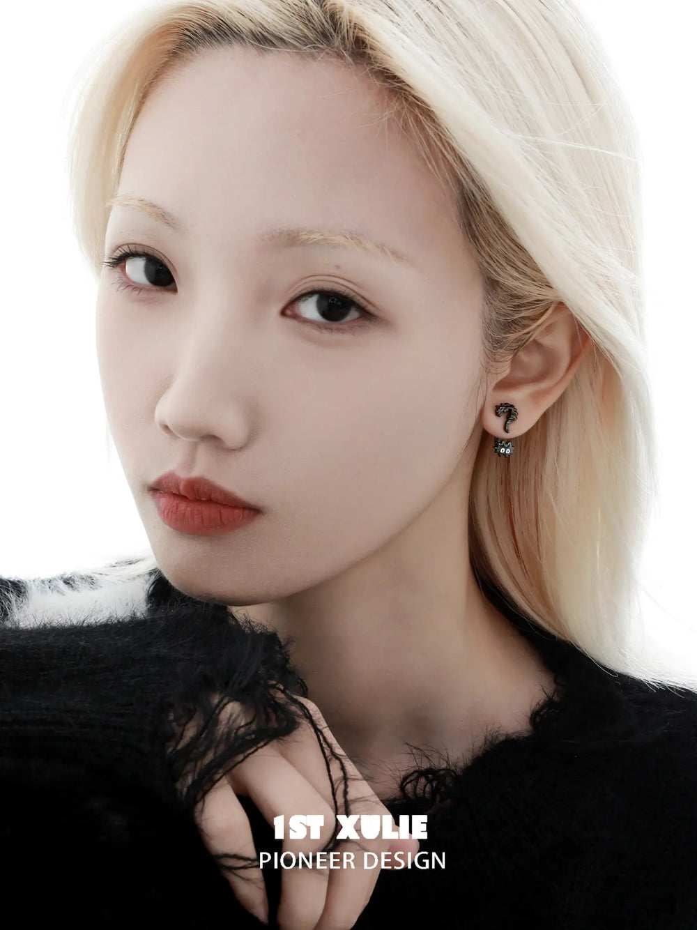 1ST XULIE "Ghosts Cat" Asymmetrical Punctuation Earrings in Platinum Plate - Detail Shot