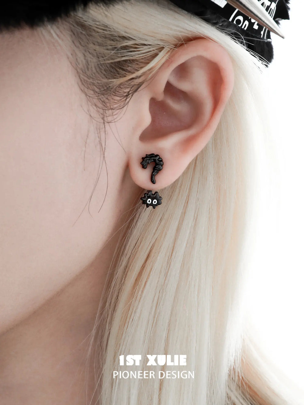 1ST XULIE "Ghosts Cat" Asymmetrical Punctuation Earrings in Platinum Plate - On Model
