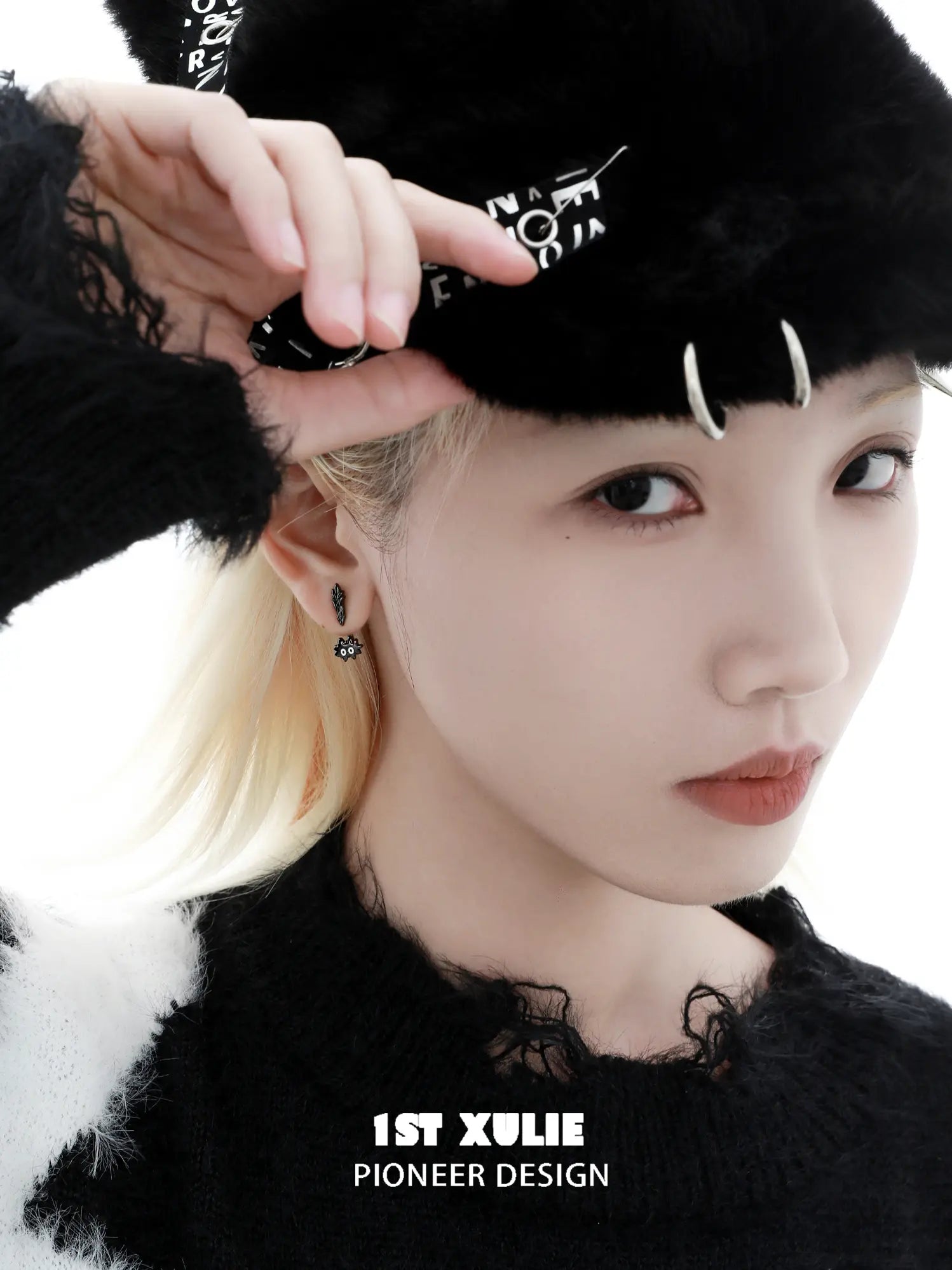1ST XULIE "Ghosts Cat" Asymmetrical Punctuation Earrings in Platinum Plate - Side View