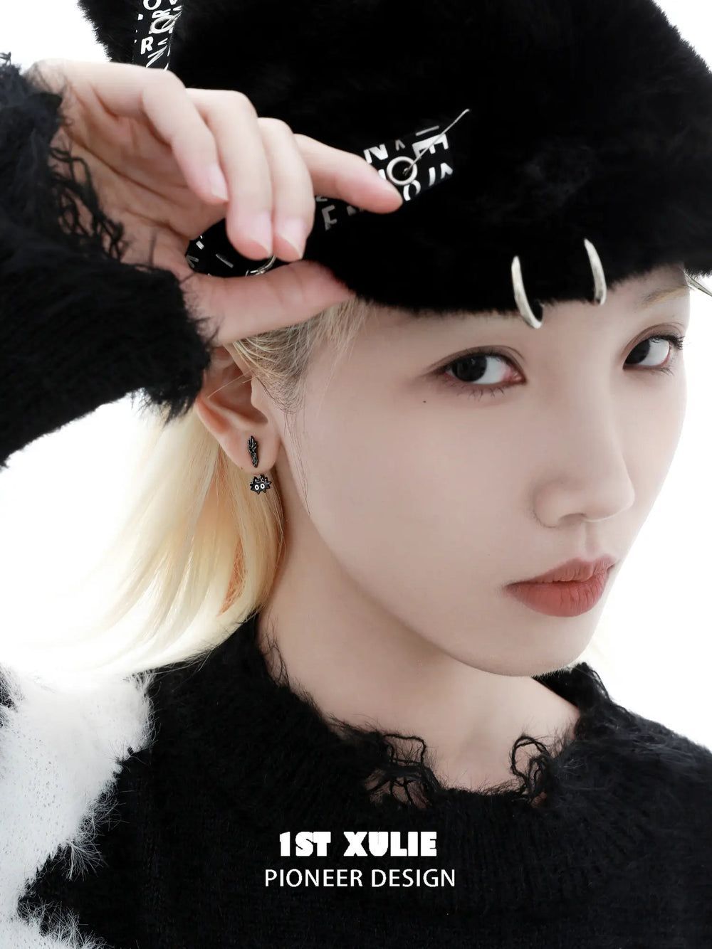 1ST XULIE "Ghosts Cat" Asymmetrical Punctuation Earrings in Platinum Plate - Side View