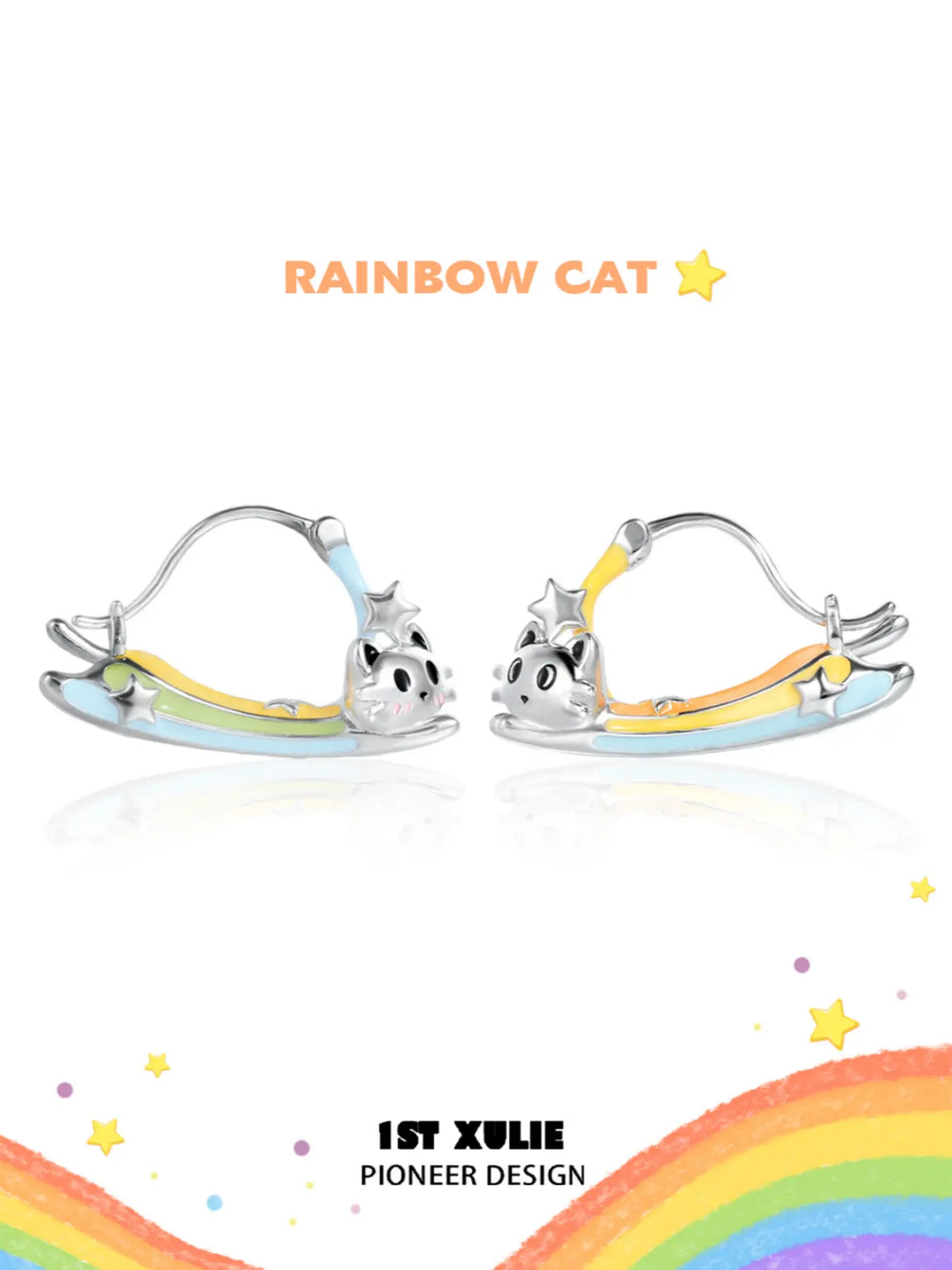 1ST XULIE Jewelry "RAINBOW CAT" Rainbow Cat Paw Triangle Hoop Earrings in Brass - Lifestyle Shot