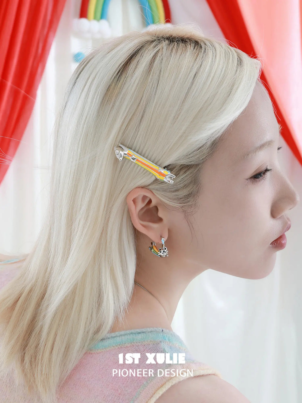 1ST XULIE Jewelry "RAINBOW CAT" Rainbow Cat Paw Triangle Hoop Earrings in Brass - Product View