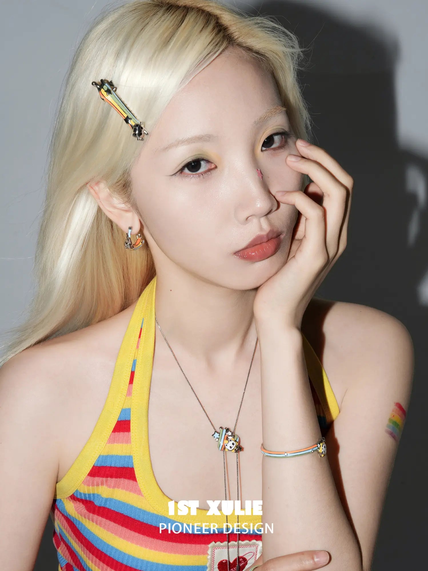 1ST XULIE Jewelry "RAINBOW CAT" Rainbow Cat Paw Triangle Hoop Earrings in Brass - On Model