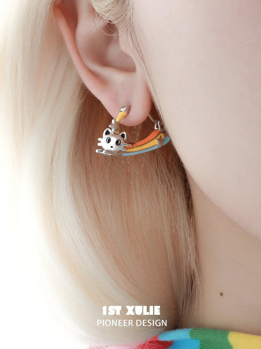 1ST XULIE Jewelry "RAINBOW CAT" Rainbow Cat Paw Triangle Hoop Earrings in Brass - Side View