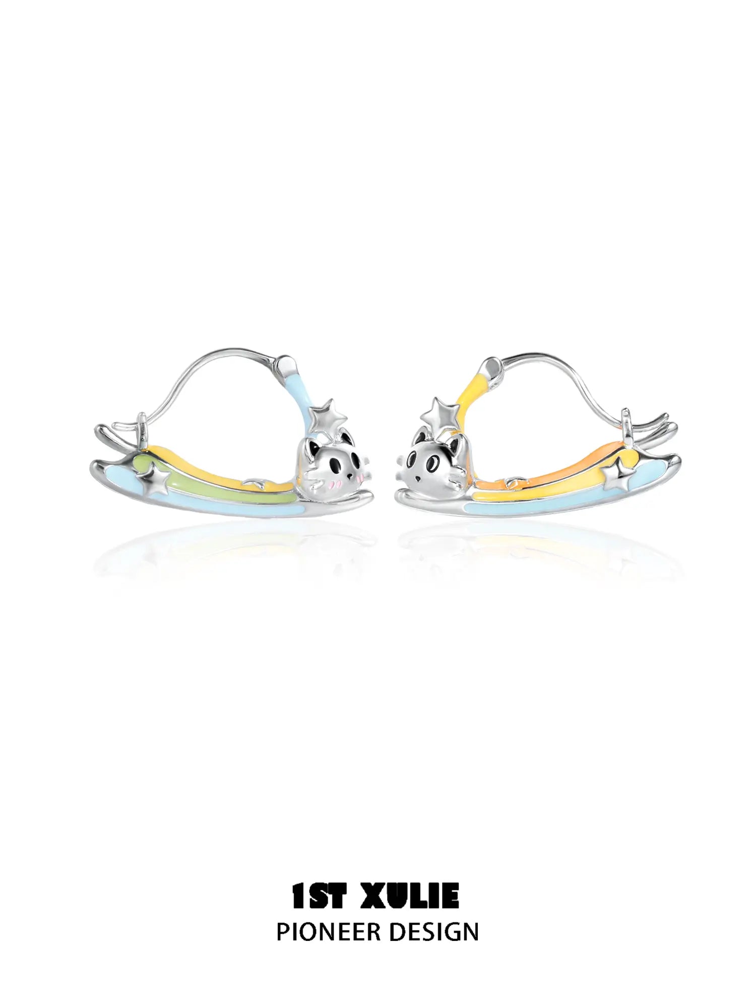 1ST XULIE Jewelry "RAINBOW CAT" Rainbow Cat Paw Triangle Hoop Earrings in Brass - Texture