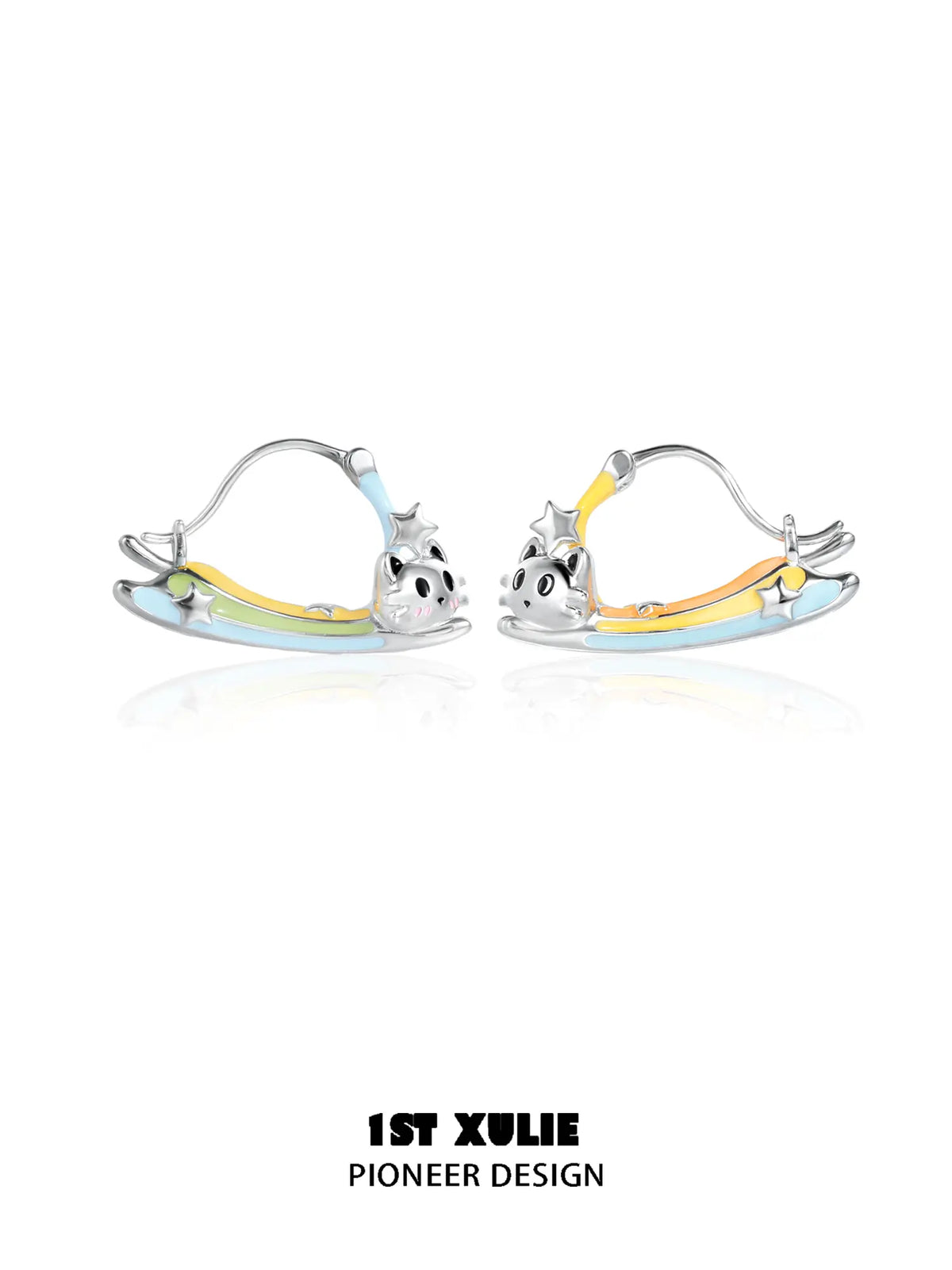 1ST XULIE Jewelry "RAINBOW CAT" Rainbow Cat Paw Triangle Hoop Earrings in Brass - Texture