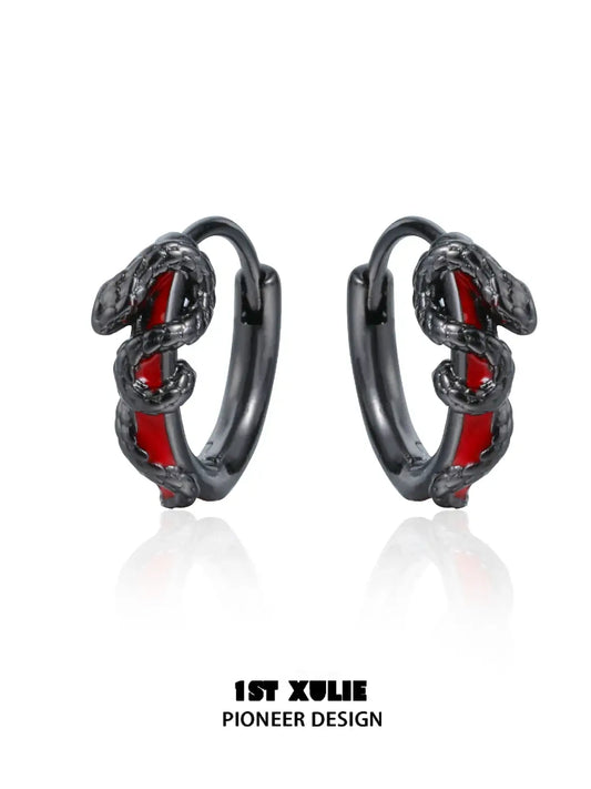 1ST XULIE "Forbidden Love" Asymmetrical Red Crystal Snake Earrings & Cuff Set in 18K Black Gold Plated - Side View