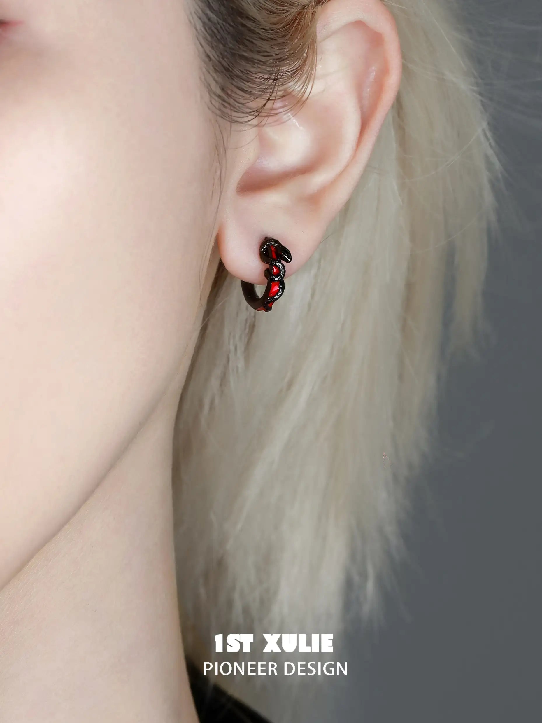 1ST XULIE "Forbidden Love" Asymmetrical Red Crystal Snake Earrings & Cuff Set in 18K Black Gold Plated - Lifestyle Shot