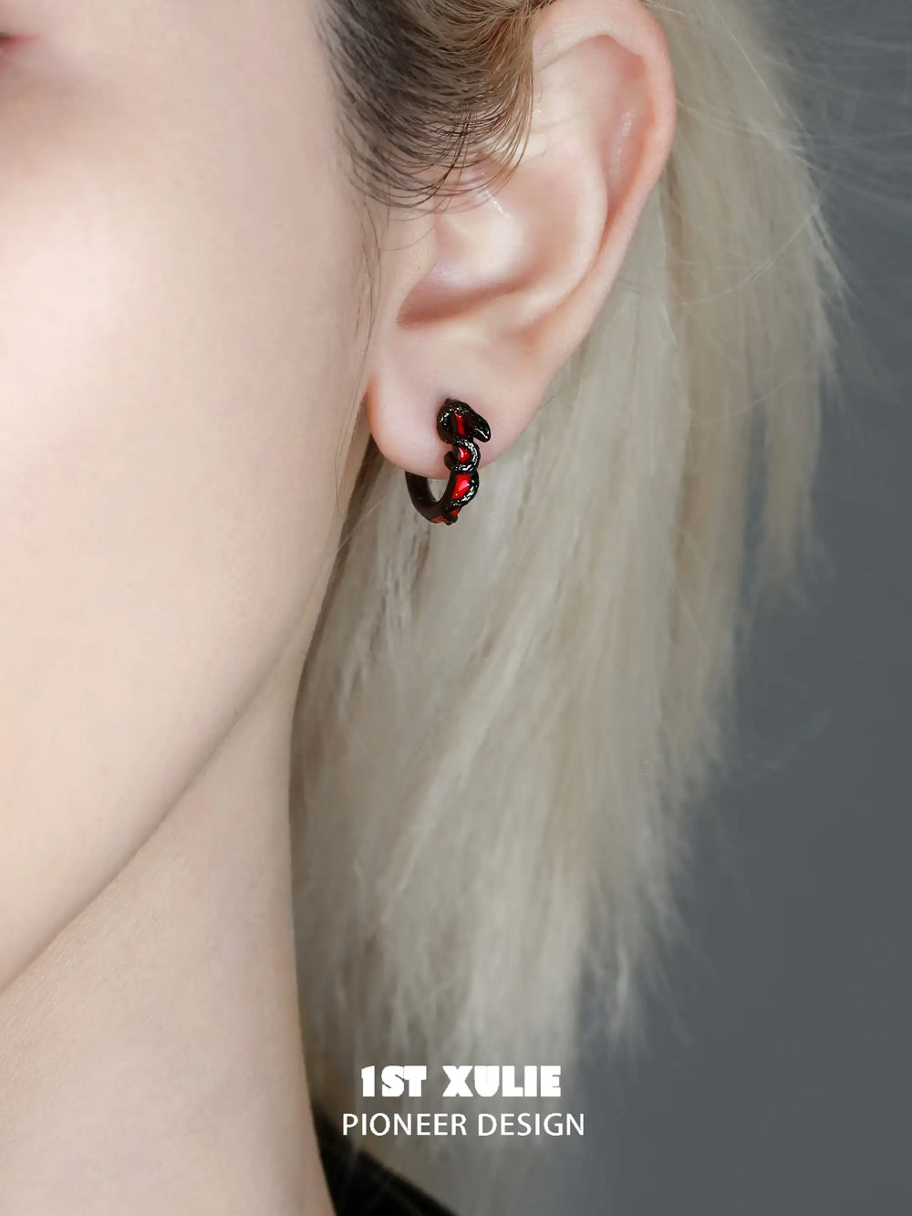 1ST XULIE "Forbidden Love" Asymmetrical Red Crystal Snake Earrings & Cuff Set in 18K Black Gold Plated - Lifestyle Shot