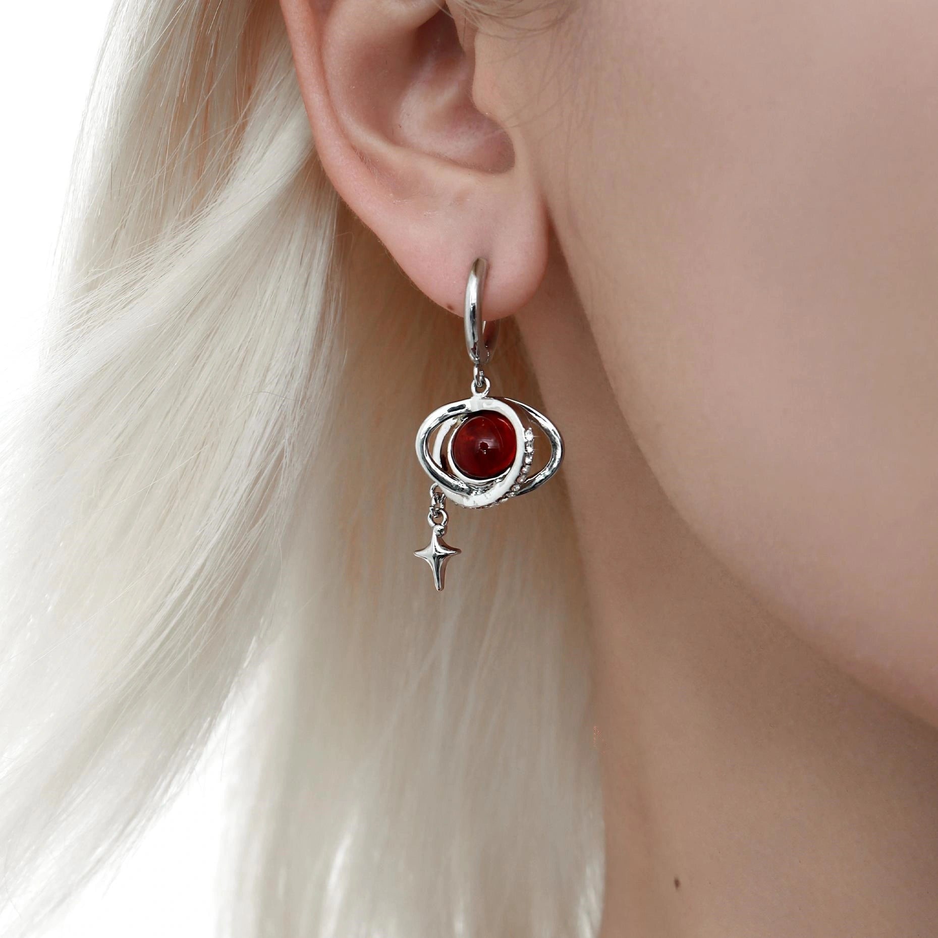 1ST XULIE "Red Nebula" Statement Dangle Earrings in Platinum Plated Brass - On Model